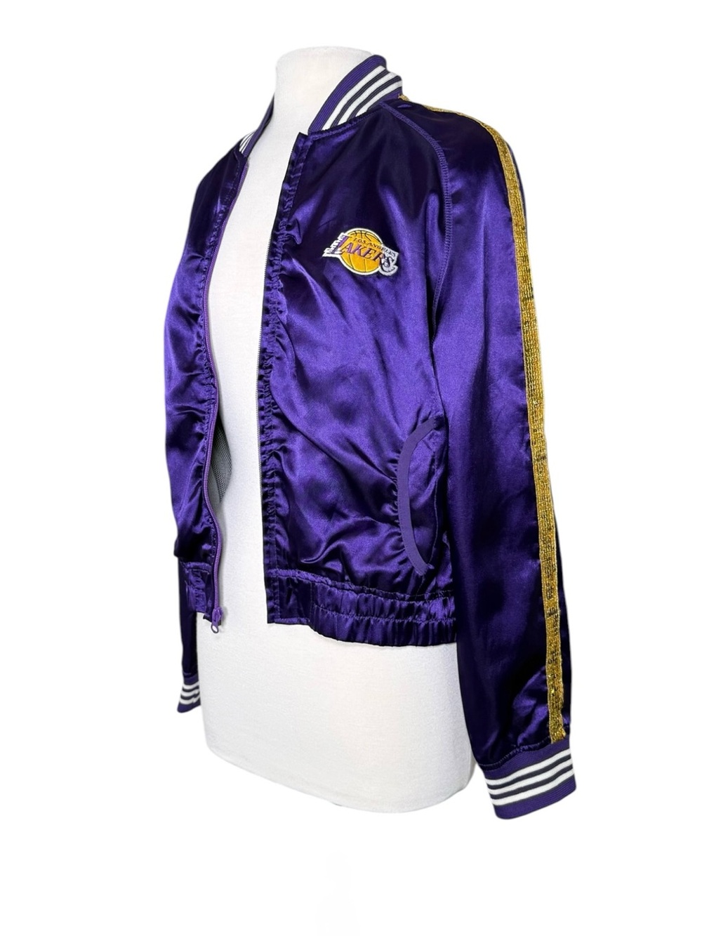 Los Angeles Lakers Y2K Satin Bomber Jacket NBA 4 Her Purple Gold XL EUC